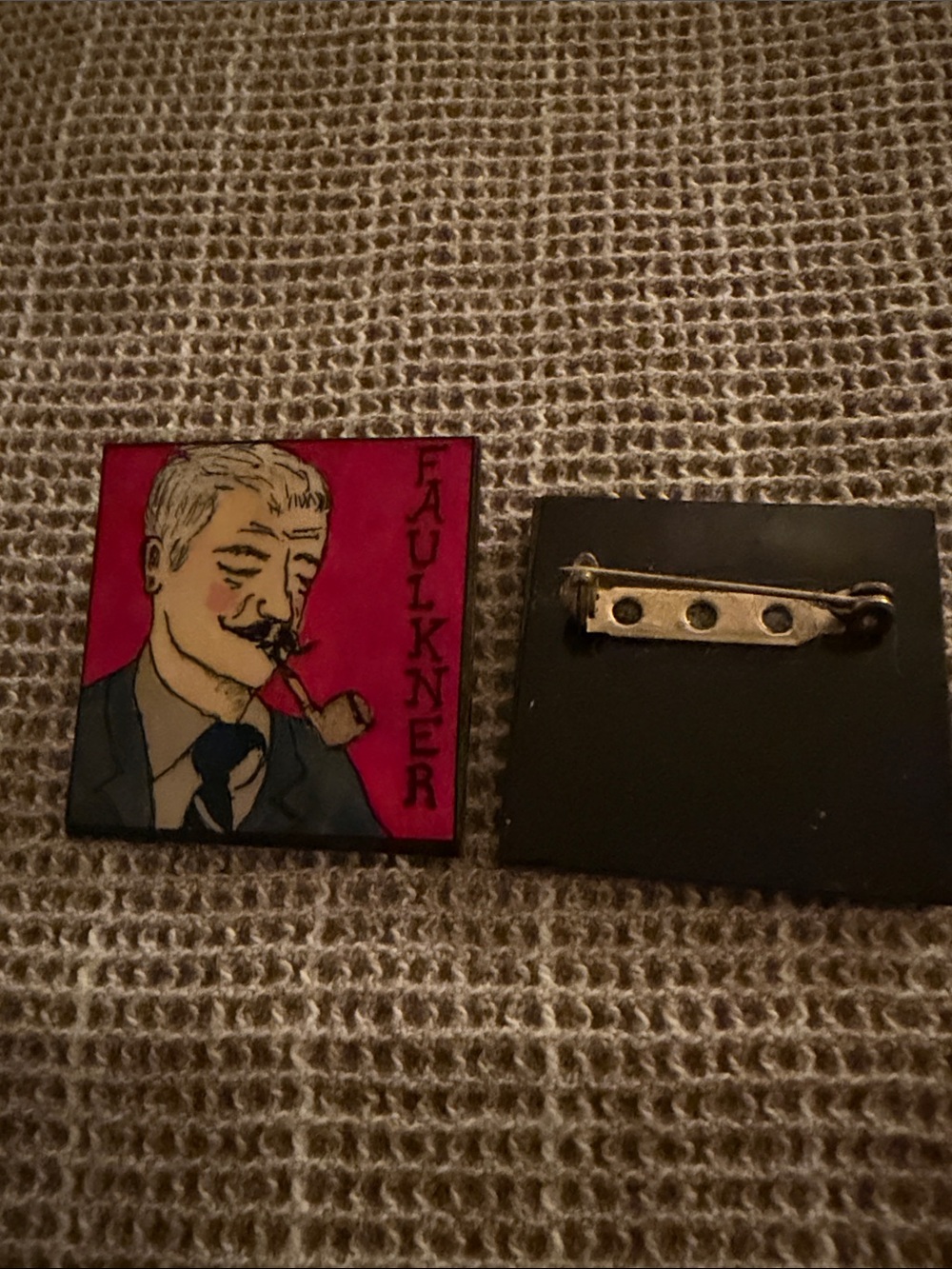 Enamel author pin, Faulkner Red Portrait Design